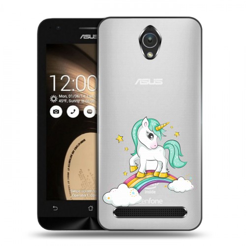 Полупрозрачный дизайнерский пластиковый чехол для ASUS Zenfone Go Радуга и единорог