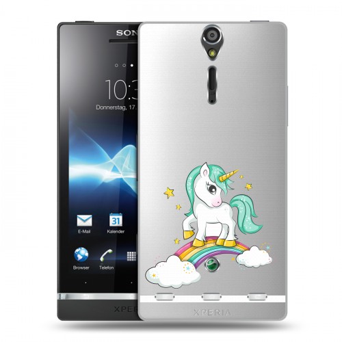 Полупрозрачный дизайнерский пластиковый чехол для Sony Xperia S Радуга и единорог