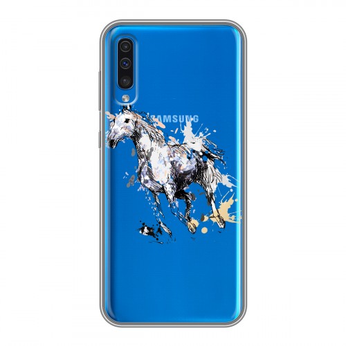 Полупрозрачный дизайнерский пластиковый чехол для Samsung Galaxy A50 Прозрачные лошади и единороги 