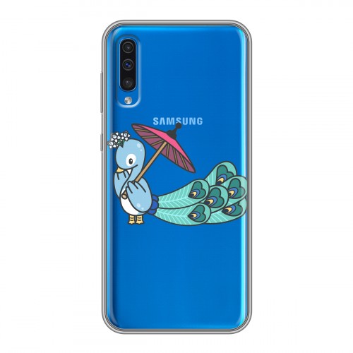 Полупрозрачный дизайнерский пластиковый чехол для Samsung Galaxy A50 Прозрачные павлины