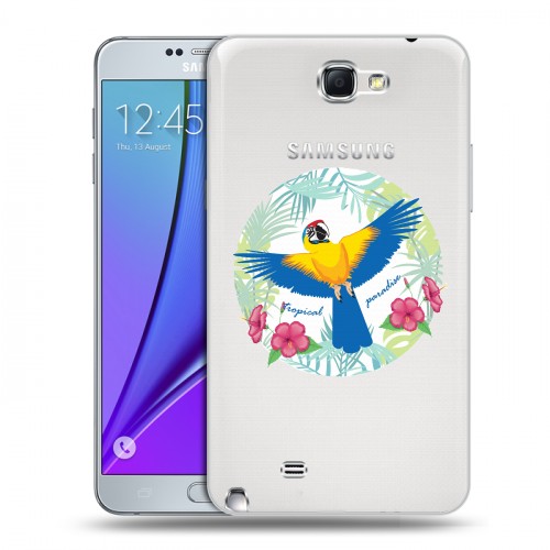 Полупрозрачный дизайнерский пластиковый чехол для Samsung Galaxy Note 2 Прозрачные попугаи