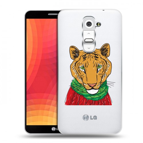 Полупрозрачный дизайнерский пластиковый чехол для LG Optimus G2 Прозрачные тигры