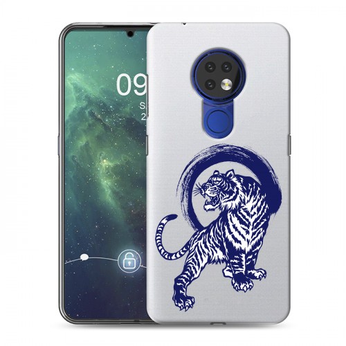 Полупрозрачный дизайнерский пластиковый чехол для Nokia 6.2 Прозрачные тигры