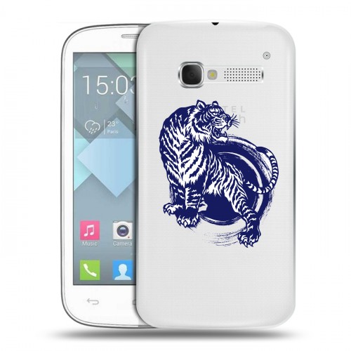 Полупрозрачный дизайнерский пластиковый чехол для Alcatel One Touch Pop C5 Прозрачные тигры