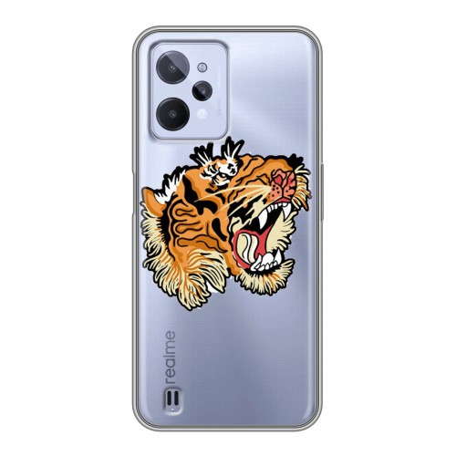 Полупрозрачный дизайнерский силиконовый с усиленными углами чехол для Realme C31 Прозрачные тигры