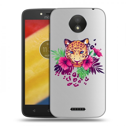 Полупрозрачный дизайнерский пластиковый чехол для Motorola Moto C Plus Прозрачные леопарды