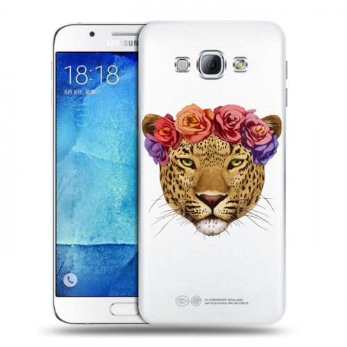 Полупрозрачный дизайнерский пластиковый чехол для Samsung Galaxy A8 Прозрачные леопарды