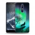 Дизайнерский пластиковый чехол для Nokia 5.1 Северное сияние и волк