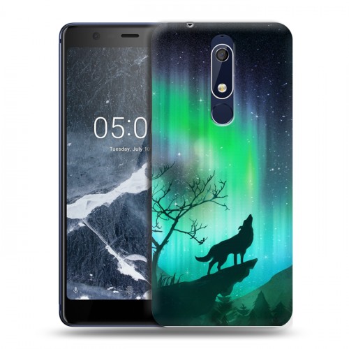 Дизайнерский пластиковый чехол для Nokia 5.1 Северное сияние и волк