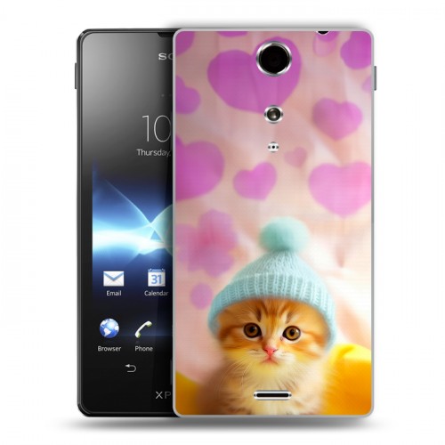 Дизайнерский пластиковый чехол для Sony Xperia TX Котик в шапке