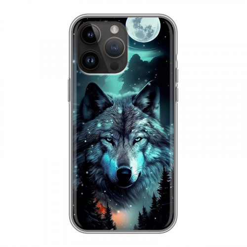 Дизайнерский силиконовый с усиленными углами чехол для Iphone 14 Pro Max Волк и луна