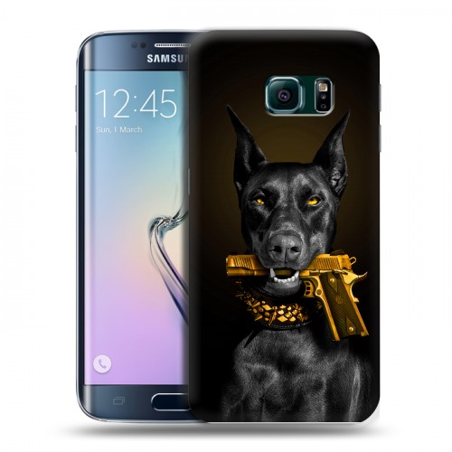 Дизайнерский пластиковый чехол для Samsung Galaxy S6 Edge Доберман с золотым пистолетом