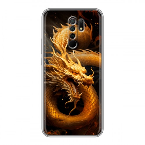 Дизайнерский силиконовый чехол для Xiaomi RedMi 9 Золотой дракон