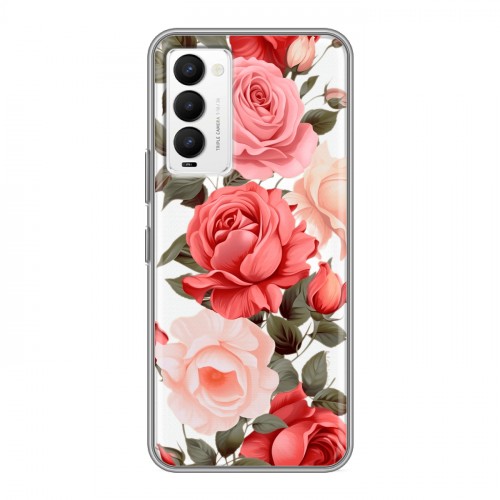 Полупрозрачный дизайнерский силиконовый с усиленными углами чехол для Tecno Camon 18 Розы