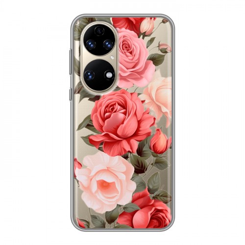 Полупрозрачный дизайнерский силиконовый чехол для Huawei P50 Pro Розы