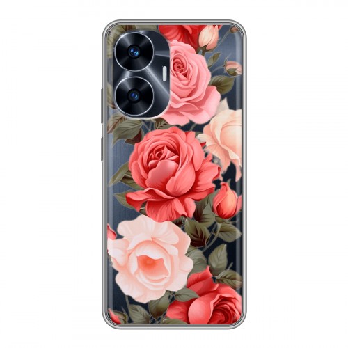 Полупрозрачный дизайнерский силиконовый чехол для Realme C55 Розы