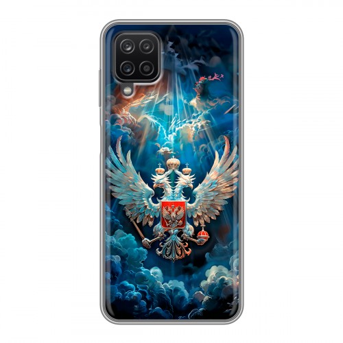 Полупрозрачный дизайнерский пластиковый чехол для Samsung Galaxy A12 Герб флаг России