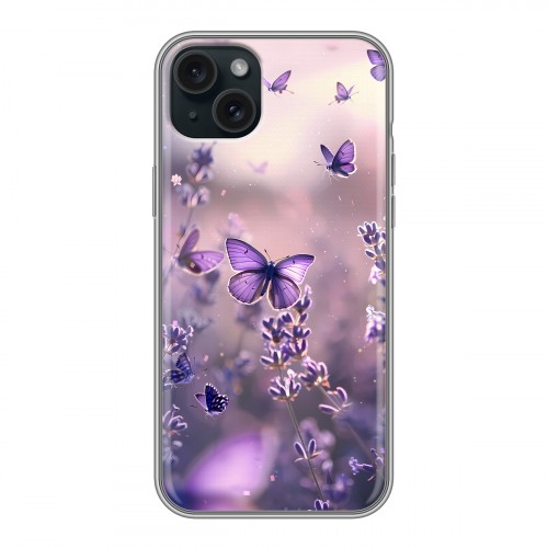 Дизайнерский силиконовый чехол для Iphone 15 Plus бабочки и лаванда