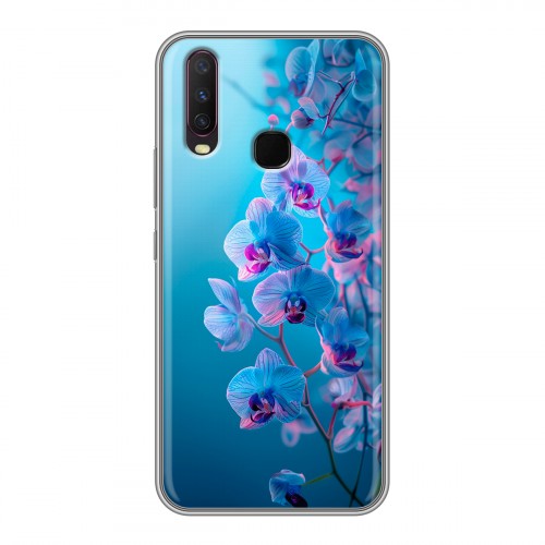 Полупрозрачный дизайнерский силиконовый с усиленными углами чехол для Vivo Y17 голубые орхидеи