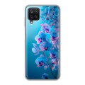 Полупрозрачный дизайнерский пластиковый чехол для Samsung Galaxy A12 голубые орхидеи
