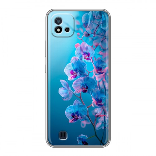 Полупрозрачный дизайнерский силиконовый чехол для Realme C20 голубые орхидеи