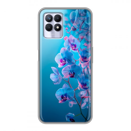 Полупрозрачный дизайнерский силиконовый чехол для Realme 8i голубые орхидеи