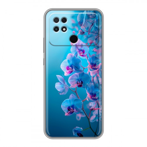 Полупрозрачный дизайнерский силиконовый чехол для Xiaomi Poco C40 голубые орхидеи