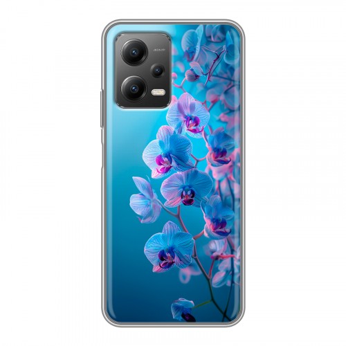 Полупрозрачный дизайнерский силиконовый с усиленными углами чехол для Xiaomi Poco X5 голубые орхидеи