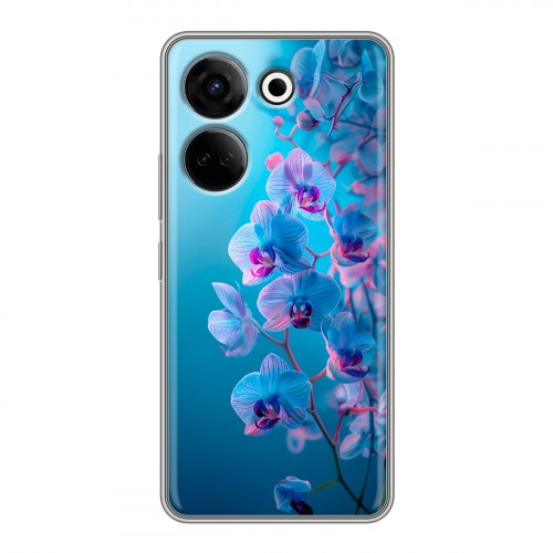 Полупрозрачный дизайнерский силиконовый чехол для Tecno Camon 20 голубые орхидеи