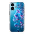 Полупрозрачный дизайнерский силиконовый чехол для Iphone 16 голубые орхидеи