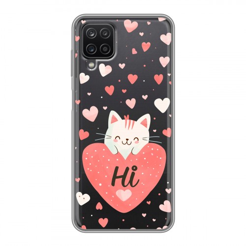 Полупрозрачный дизайнерский пластиковый чехол для Samsung Galaxy A12 котенок и сердечко