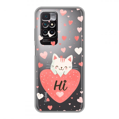 Полупрозрачный дизайнерский силиконовый чехол для Xiaomi Redmi 10 котенок и сердечко