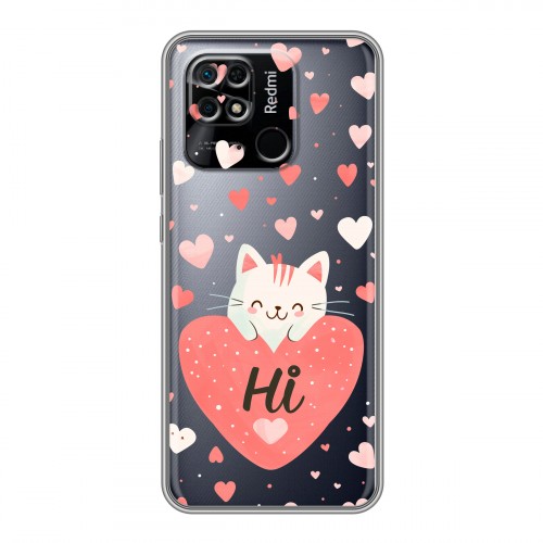 Полупрозрачный дизайнерский силиконовый чехол для Xiaomi Redmi 10C котенок и сердечко