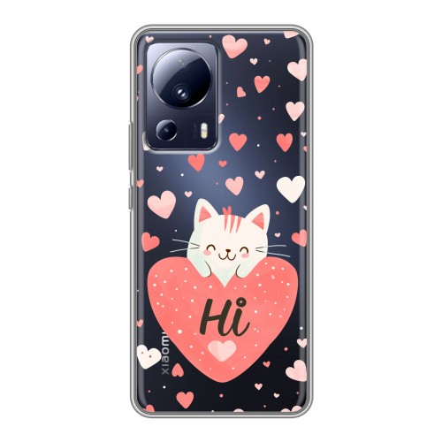 Полупрозрачный дизайнерский силиконовый чехол для Xiaomi 13 Lite котенок и сердечко