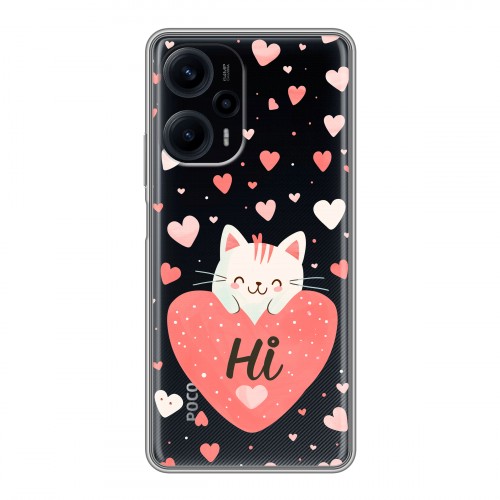 Полупрозрачный дизайнерский силиконовый чехол для XIaomi Poco F5 котенок и сердечко
