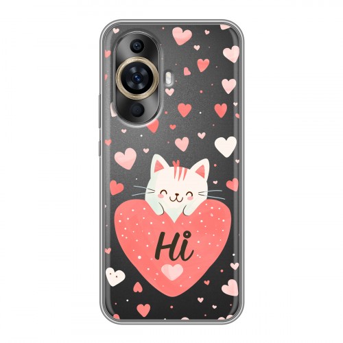Полупрозрачный дизайнерский силиконовый с усиленными углами чехол для Huawei Nova 11 котенок и сердечко