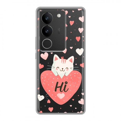 Полупрозрачный дизайнерский силиконовый чехол для Vivo S17 котенок и сердечко