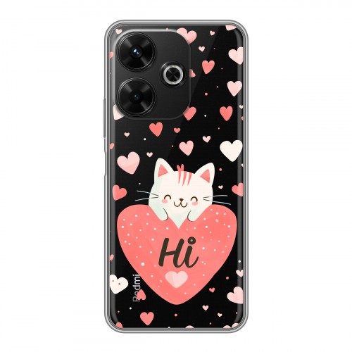 Полупрозрачный дизайнерский пластиковый чехол для RedMi 13 4G котенок и сердечко