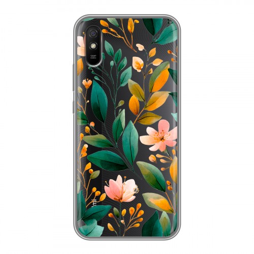 Полупрозрачный дизайнерский силиконовый чехол для Xiaomi RedMi 9A Цветы паттерн