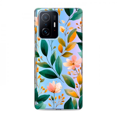 Полупрозрачный дизайнерский силиконовый с усиленными углами чехол для Xiaomi 11T Цветы паттерн