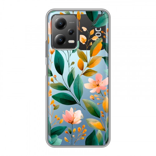 Полупрозрачный дизайнерский силиконовый с усиленными углами чехол для Xiaomi Poco X5 Цветы паттерн