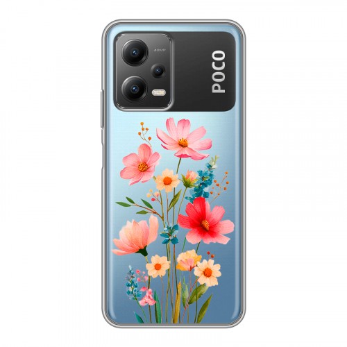 Полупрозрачный дизайнерский силиконовый с усиленными углами чехол для Xiaomi Poco X5 Цветы