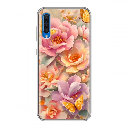 Полупрозрачный дизайнерский пластиковый чехол для Samsung Galaxy A50 Цветы и бабочки