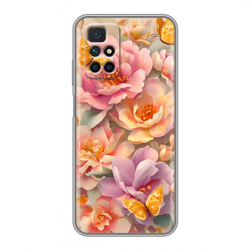 Полупрозрачный дизайнерский силиконовый чехол для Xiaomi Redmi 10 Цветы и бабочки