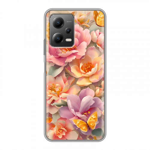 Полупрозрачный дизайнерский силиконовый с усиленными углами чехол для Xiaomi Poco X5 Цветы и бабочки