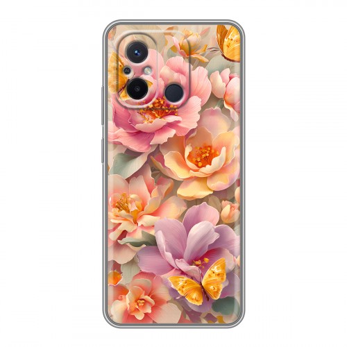 Полупрозрачный дизайнерский силиконовый чехол для Xiaomi RedMi 12C Цветы и бабочки
