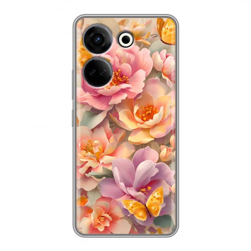 Полупрозрачный дизайнерский силиконовый чехол для Tecno Camon 20 Цветы и бабочки