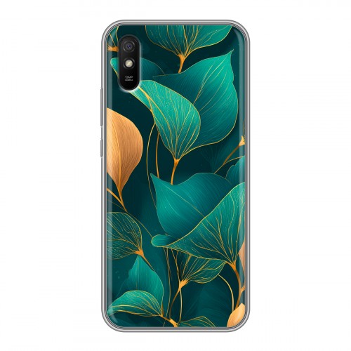 Полупрозрачный дизайнерский силиконовый чехол для Xiaomi RedMi 9A Листья и золото