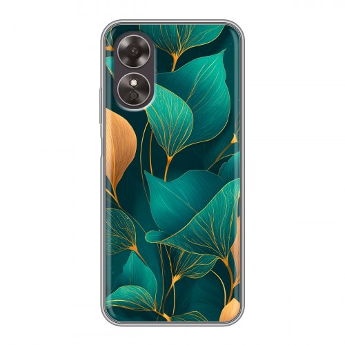 Полупрозрачный дизайнерский силиконовый чехол для OPPO A17 Листья и золото