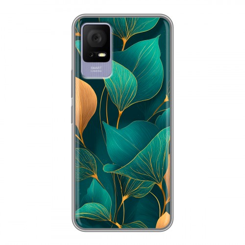 Полупрозрачный дизайнерский силиконовый чехол для TCL 405 Листья и золото